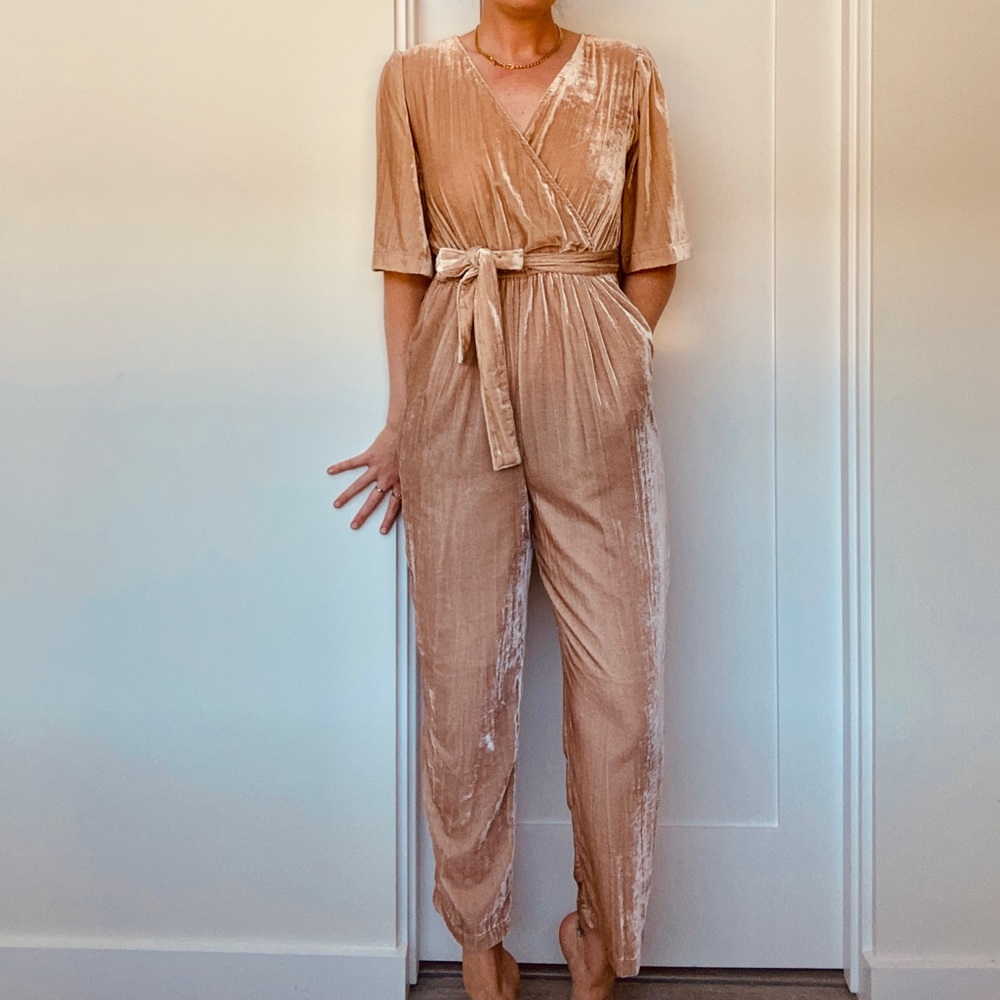 Anthropologie Velvet Wrap Jumpsuit in Blush
